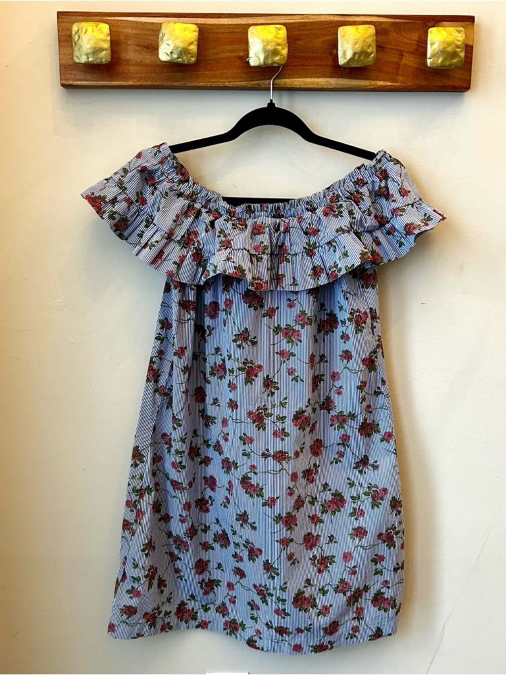 Cottagecore Floral Stripe Off Shoulder Dress Boho Romantic Ruffle